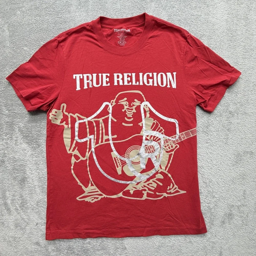 True Religion Shirt Mens L Red Guitar Buddha Graphic Crewneck Cotton Tee‎